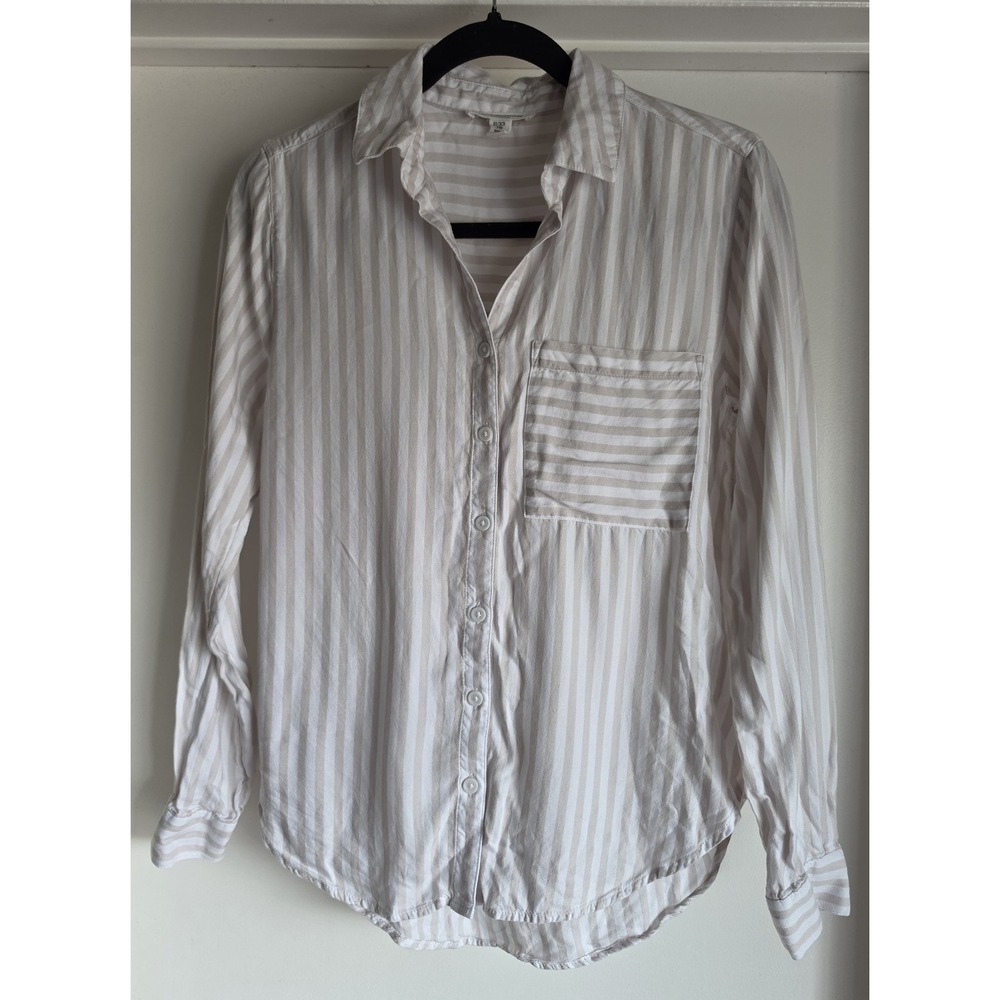 Beachlunchlounge Women XS Striped Collared Blouse Beige White Long Sleeve Top